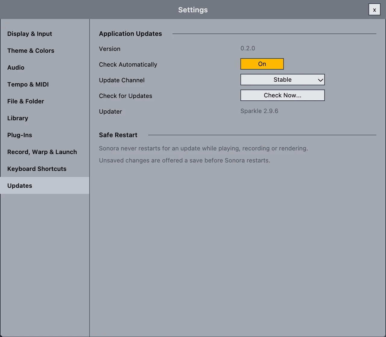 Settings, Updates: Check Automatically, Update Channel and Check Now, with an explanation of safe restarts.